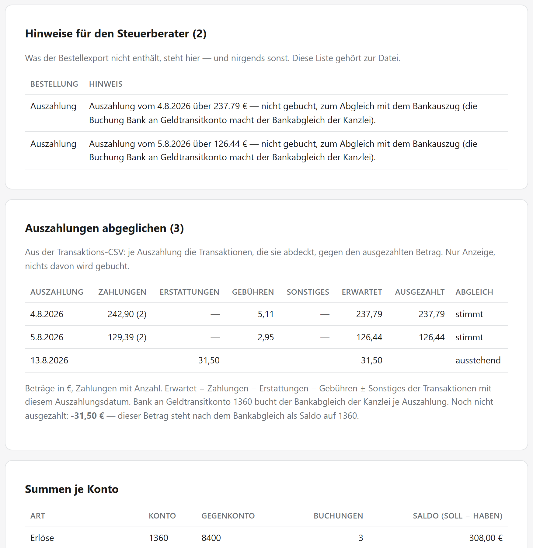 Vorschau mit Transaktions-CSV: Auszahlungs-Hinweise, Auszahlungen abgeglichen und gebuchte Zahlungsgebühren (4970 gegen 1360)
