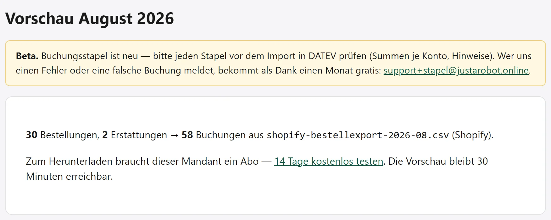 Vorschau August 2026: 30 Bestellungen, 2 Erstattungen, 58 Buchungen aus shopify-bestellexport-2026-08.csv