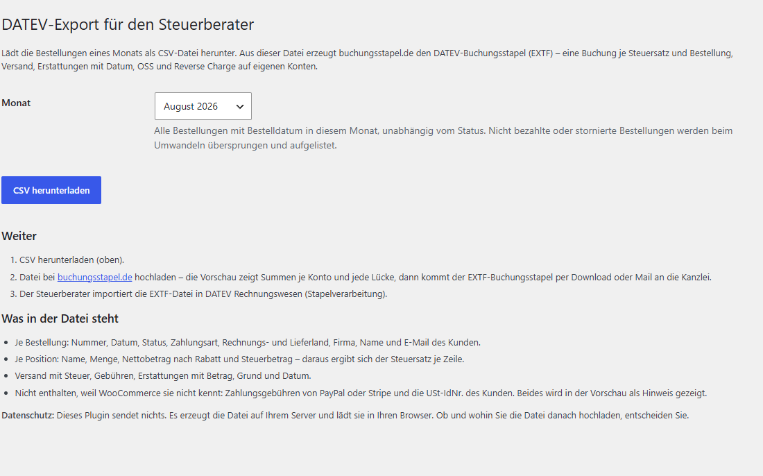 Die Seite WooCommerce → DATEV-Export im WordPress-Admin: Monatsauswahl und Schaltfläche „CSV herunterladen“